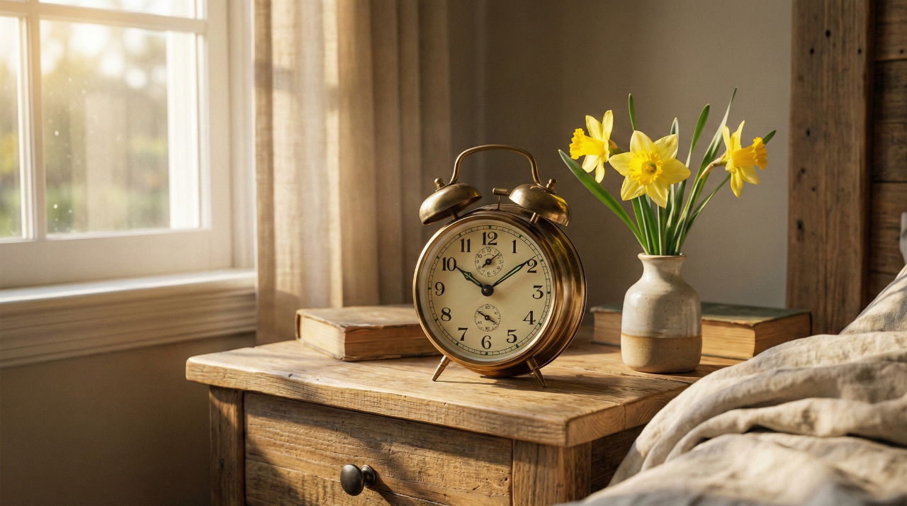 Alarm clock in morning sunlight showing Daylight Saving Time 2026 spring forward