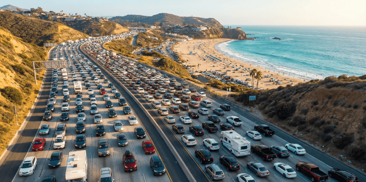 Heavy highway traffic heading to the beach for Memorial Day 2026 weekend