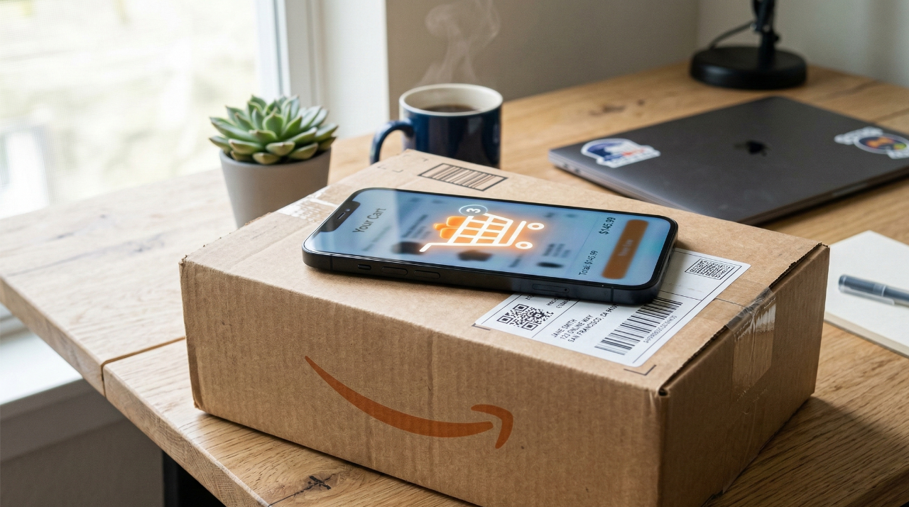 A digital shopping cart on a smartphone resting on a shipping box for Amazon Prime Day 2026