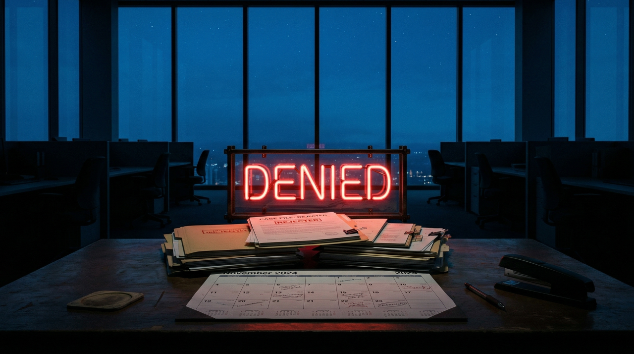 A glowing red denied sign on office paperwork representing the biggest PTO and vacation mistake employees make in 2026