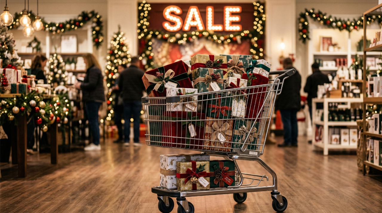 A shopping cart full of holiday gifts in a retail store representing Black Friday 2026 sales and store hours.