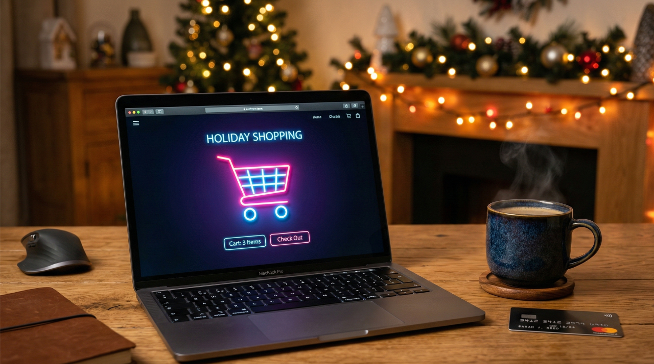 A laptop and coffee mug representing online shopping for Cyber Monday 2026 deals