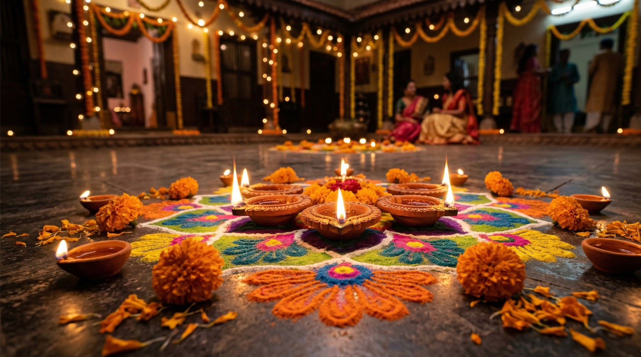 Glowing clay diya lamps on a colorful rangoli representing Diwali 2026 on November 8