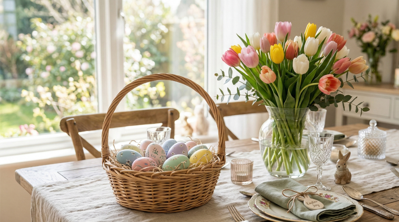 A basket of pastel eggs on a table representing Easter Sunday 2026 and store closures