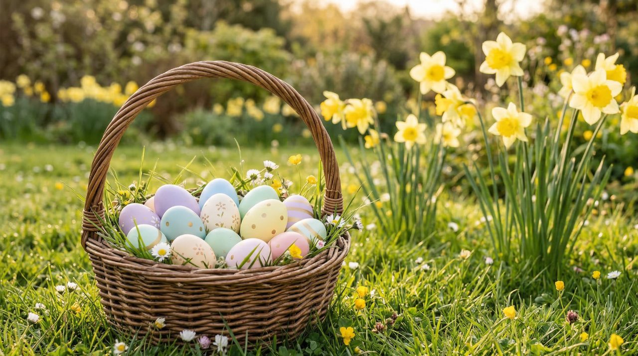 A basket of pastel eggs representing Easter Sunday 2027 on March 28