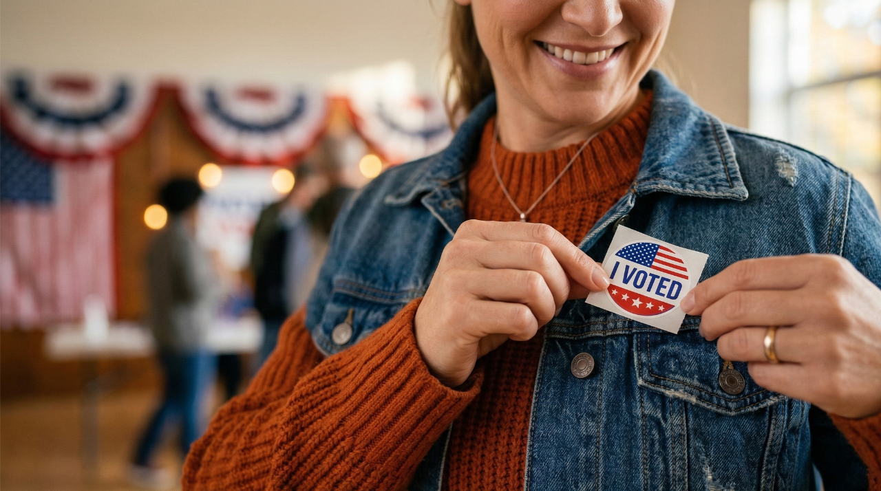 A person wearing an I Voted sticker representing Election Day 2026 on November 3