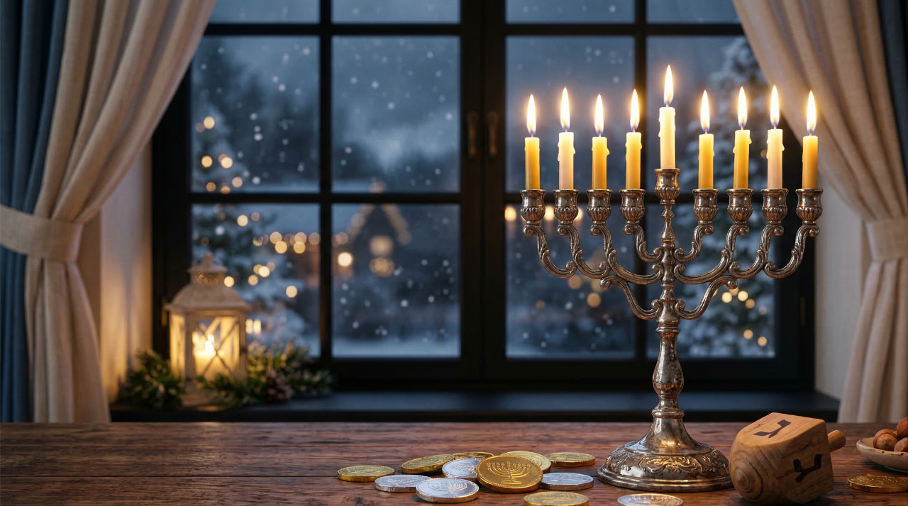 A lit silver menorah and dreidel representing Hanukkah 2026 on December 4