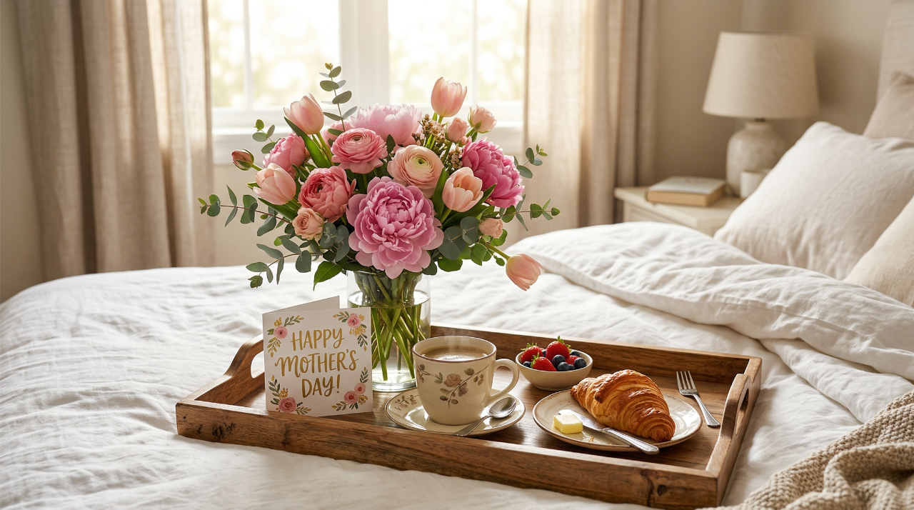 Breakfast in bed with pink tulips representing Mother's Day 2027 on May 9