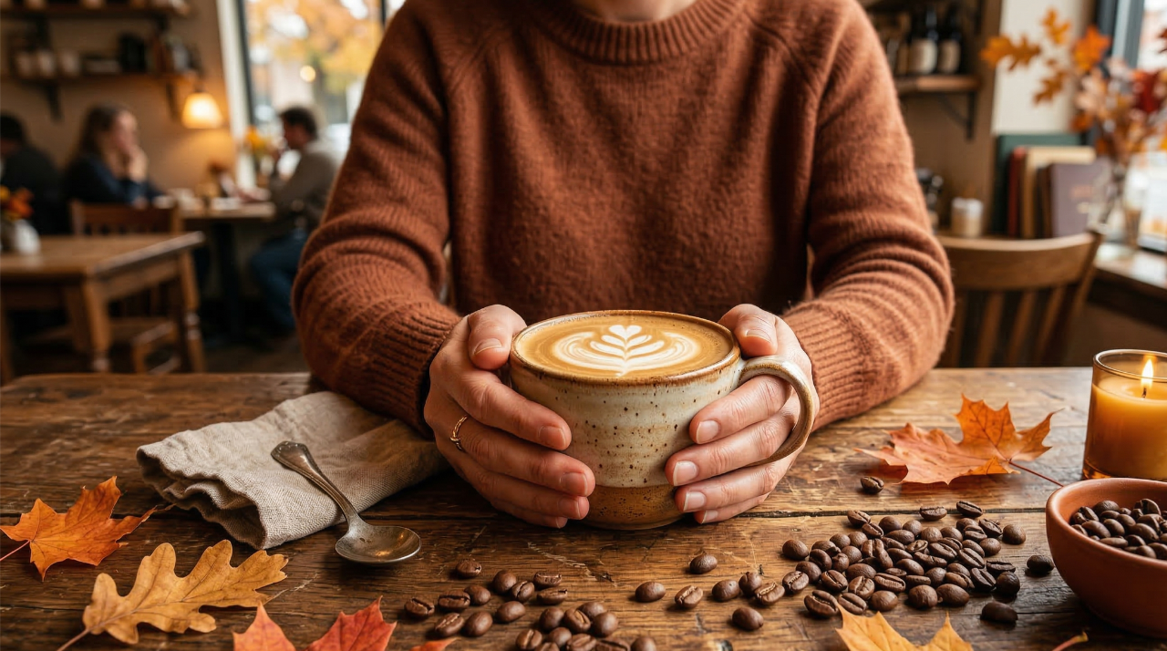 A warm cup of coffee surrounded by fall leaves representing National Coffee Day 2026
