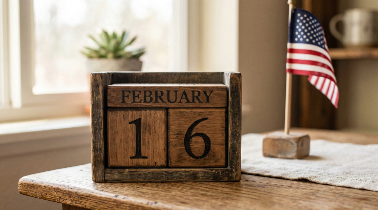 A February 16 calendar block next to an American flag for Presidents Day 2026