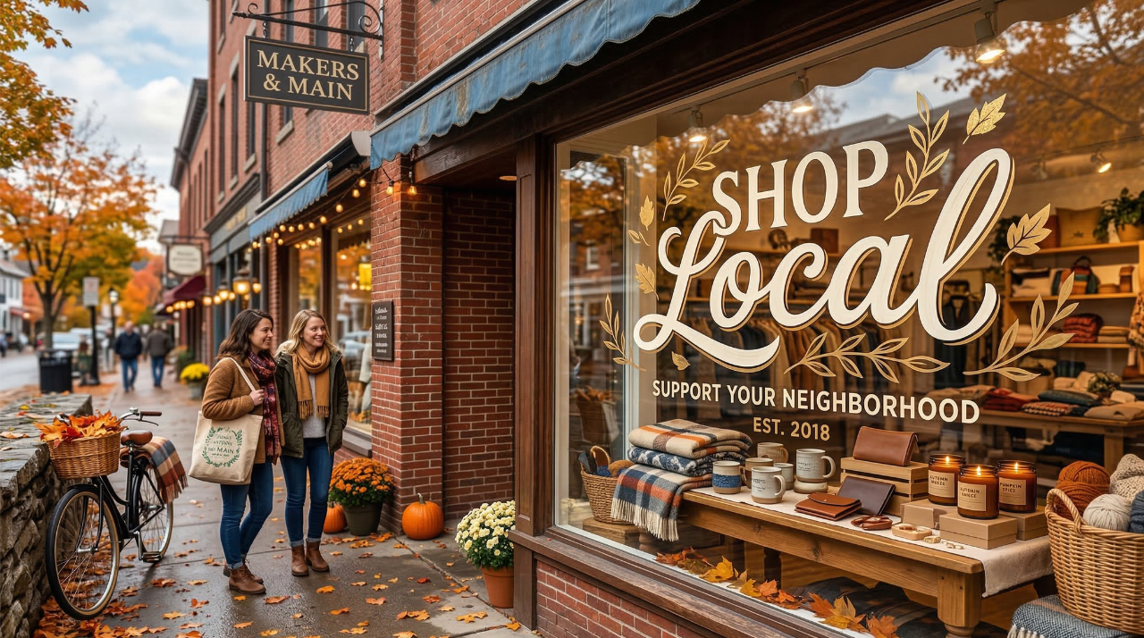 A charming local boutique storefront representing Small Business Saturday 2026 on November 28