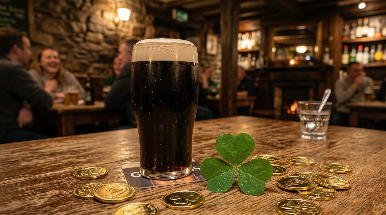 A pint of stout beer and a shamrock representing St. Patrick's Day 2027 on March 17