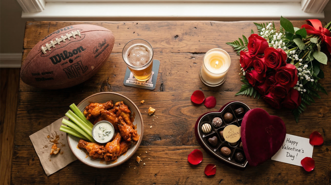 A football next to red roses representing Super Bowl 2027 falling on Valentines Day