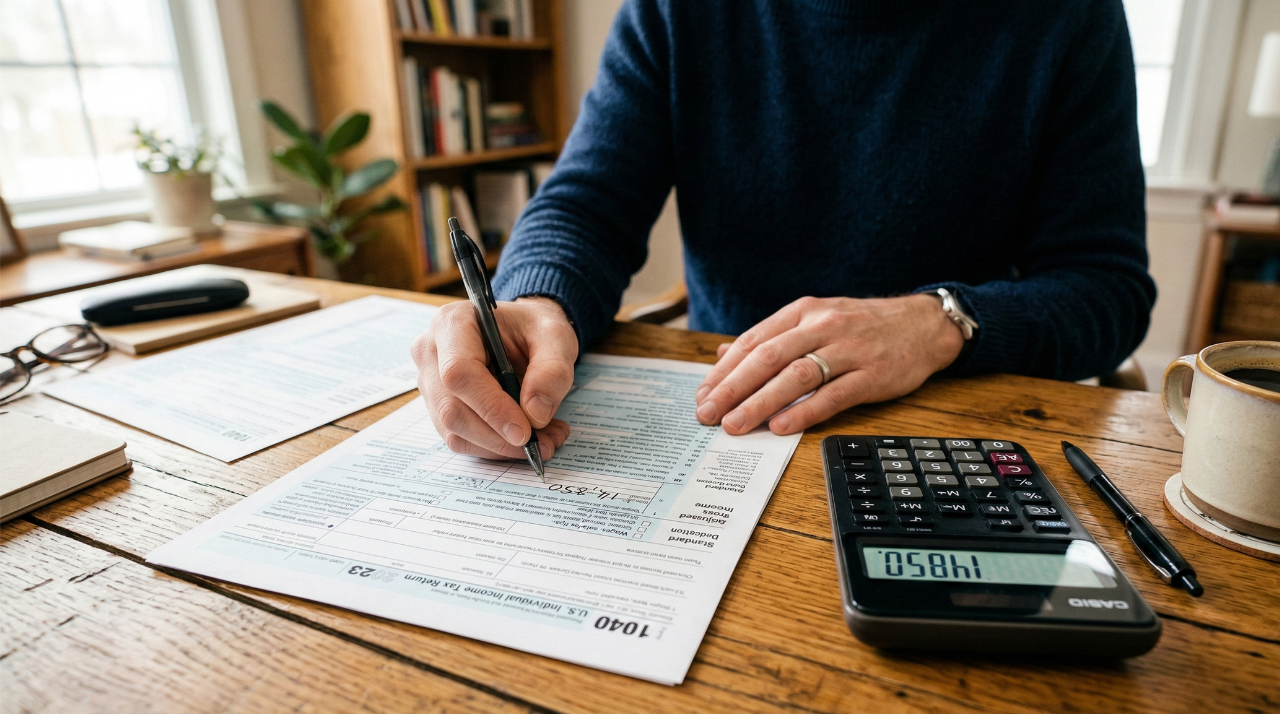 Hands filling out tax forms with a calculator for the April 15 Tax Day 2026 deadline