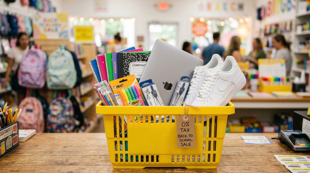 A shopping basket with school supplies representing the 2026 tax-free weekend sales