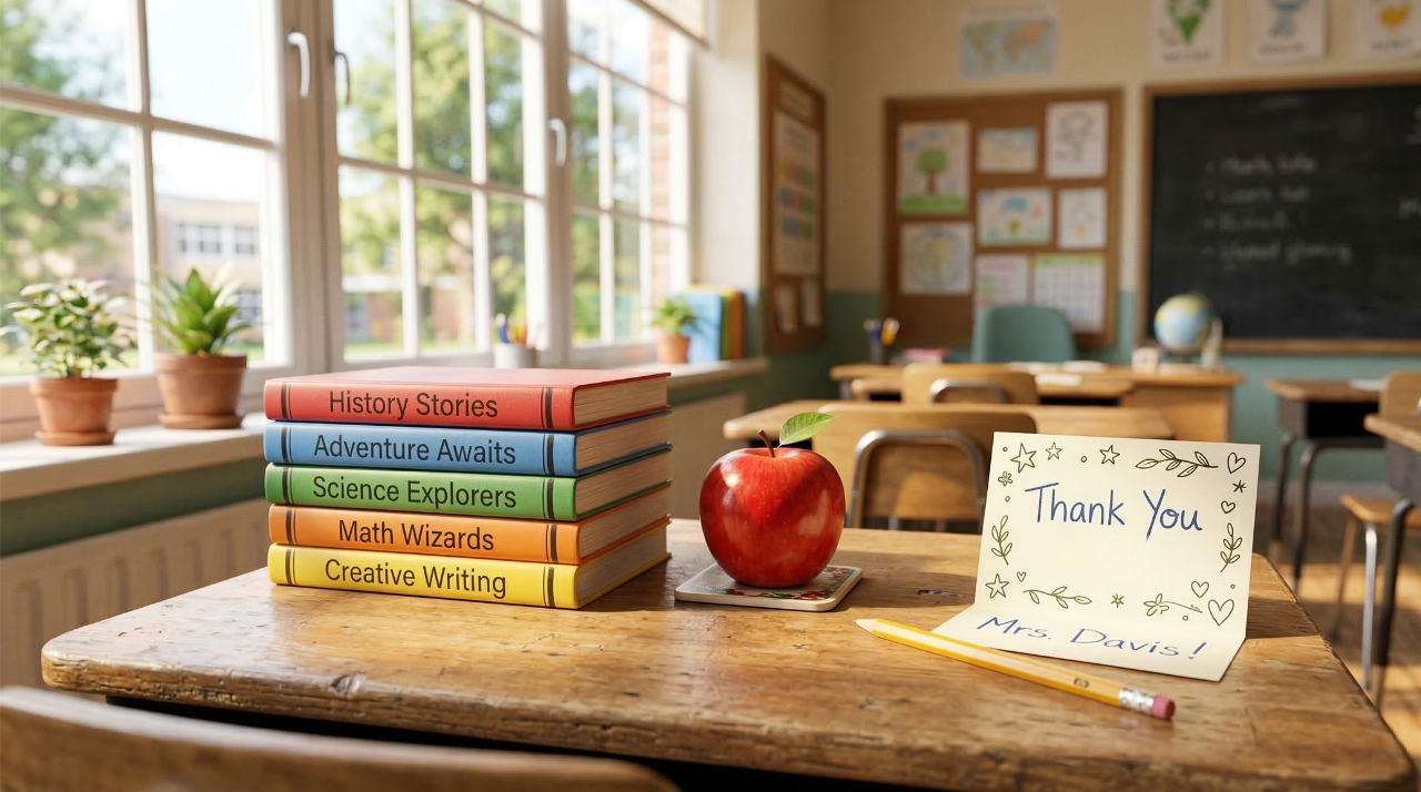 A stack of books and a thank you note representing Teacher Appreciation Week 2026